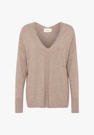 Pull en tricot beige avec un décolleté en V profond, des manches longues et une coupe décontractée. Le tissu a une texture douce avec des variations subtiles de couleur.