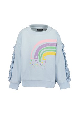 Jasnoniebieska dziecięca bluza z marszczonymi rękawami i pastelowym wzorem tęczy z napisem „LOVE” oraz małymi serduszkami.