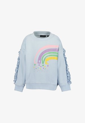 Hellblaues Kinder-Sweatshirt mit gerafften Ärmeln und einem pastellfarbenen Regenbogendesign mit dem Wort „LOVE“ und kleinen Herzen.