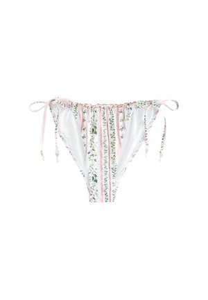 Hvide bikinibunde med pink lodrette striber og grønne blomsterprint, med justerbare sidestropper med små perler.