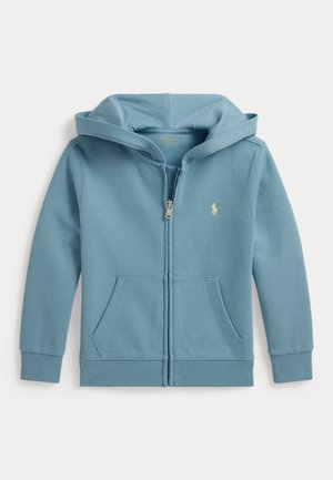Lichtblauwe hoodie met rits, voorzakken, geribde boorden en een klein geborduurd logo op de linkerborst.