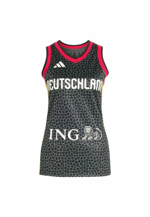 Maillot de sport noir sans manches avec bordure rouge, motif léopard, logos "DEUTSCHLAND" et "ING", et marque Adidas sur la poitrine.