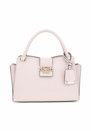 Sac à main en cuir rose avec un design structuré, fermeture en métal doré et charme détachable. Dispose d'une poigne supérieure et d'un empiècement contrastant.