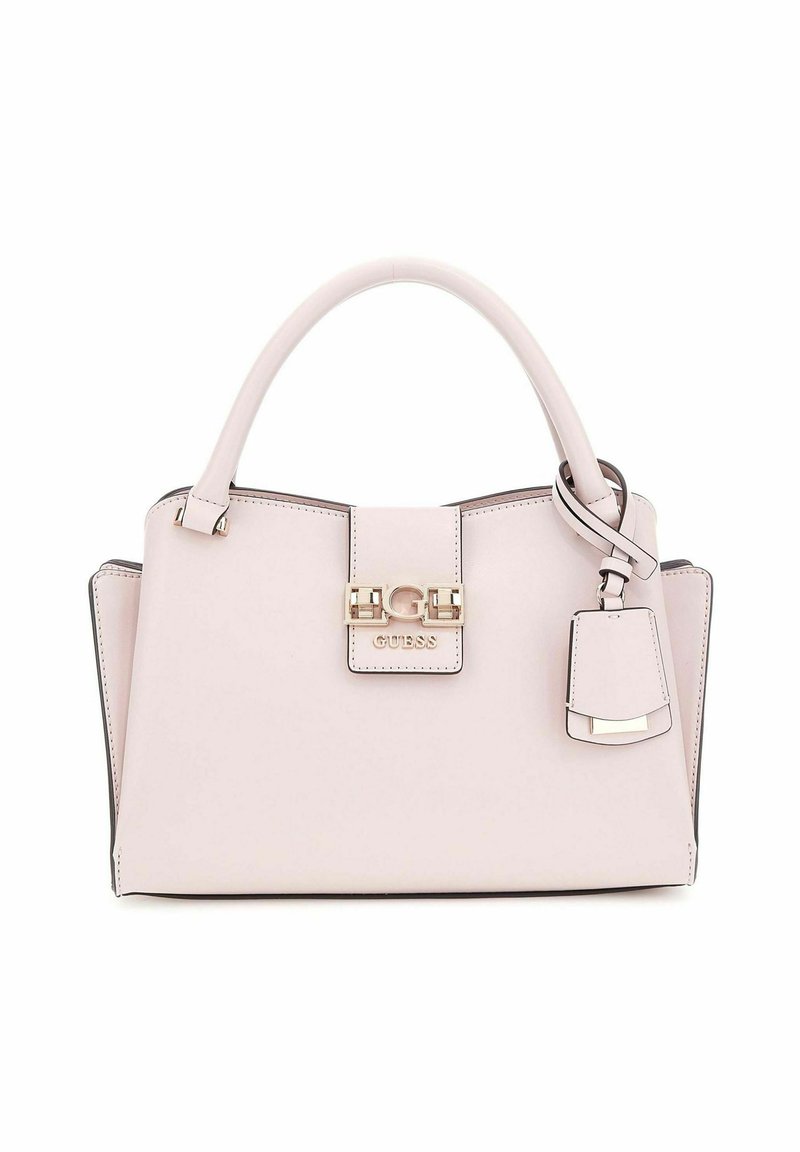 Sac à main en cuir rose avec un design structuré, fermeture en métal doré et charme détachable. Dispose d'une poigne supérieure et d'un empiècement contrastant.