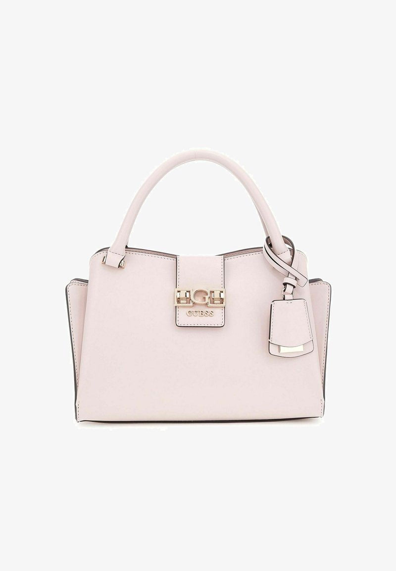 Sac à main en cuir rose avec un design structuré, fermeture en métal doré et charme détachable. Dispose d'une poigne supérieure et d'un empiècement contrastant.
