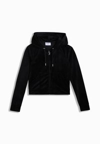 Sort cropped hoodie lavet af blød velour med lynlås foran, snørret hætte og to frontlommer. Har ribstrikkede manchetter og kant.