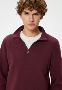 Bordeaux zip-up sweatshirt met hoge kraag en zilveren ritssluiting, gemaakt van zachte stof. Heeft een relaxte pasvorm en een eenvoudige uitstraling.