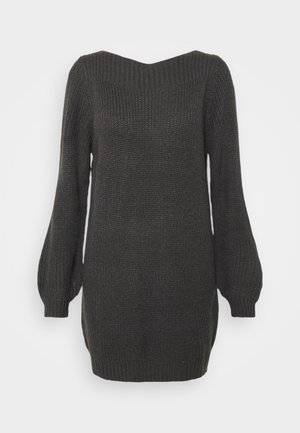 Charcoal gray knitted long-sleeve sweater dress with balloon sleeves and a wide ribbed boat neckline.