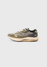 Running shoe in olive green and gray with suede and mesh materials, featuring a thick cream sole and black accents, designed for comfort and support.