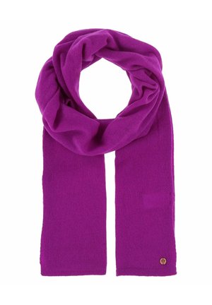 Purple scarf made of soft material, featuring a simple design. It has a smooth texture and a small logo accent on one end.