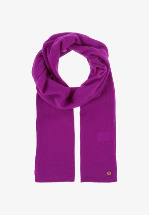 Bufanda morada hecha de un material suave, con un diseño simple. Tiene una textura lisa y un pequeño logotipo en un extremo.