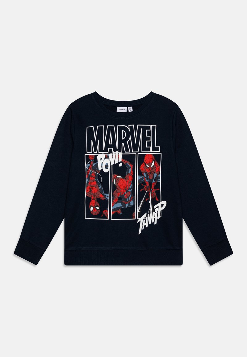 Felpa nera con grafiche di Spider-Man e il testo "MARVEL". Realizzata in cotone, con polsini a coste e scollatura rotonda.