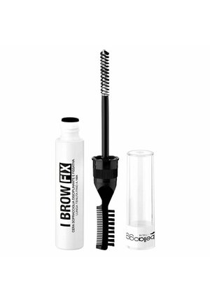 Tubetto bianco di cera fissativa per sopracciglia con pennello applicatore nero a doppia faccia e tappo in plastica trasparente posizionati separatamente su sfondo bianco.