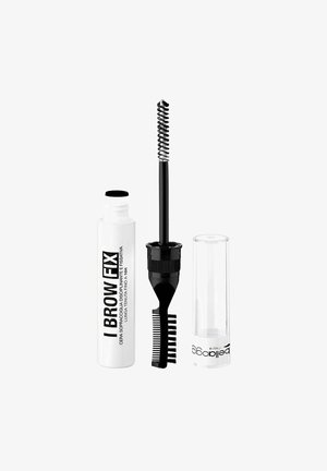 Tubetto bianco di cera fissativa per sopracciglia con pennello applicatore nero a doppia faccia e tappo in plastica trasparente posizionati separatamente su sfondo bianco.