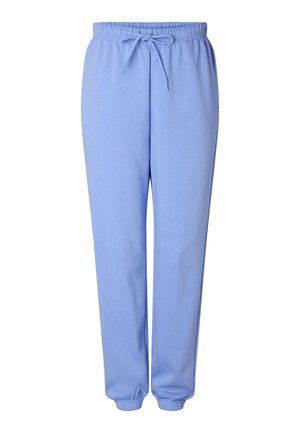 Calças de treino azul claro feitas de tecido macio, com cintura elástica com cordão, punhos nas pernas e bolsos laterais.