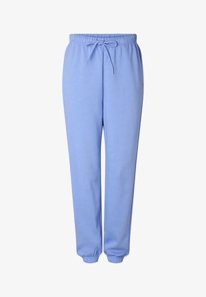 Calças de treino azul claro feitas de tecido macio, com cintura elástica com cordão, punhos nas pernas e bolsos laterais.