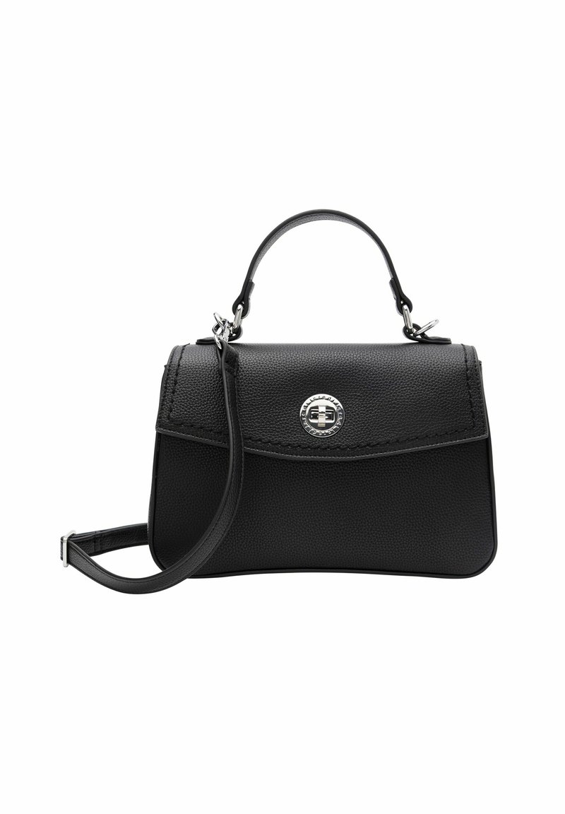 Borsa a tracolla in pelle nera con finitura testurizzata, forma strutturata, manico corto e tracolla. Dotata di accessori in argento e chiusura a scatto.