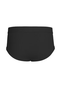 Black swim briefs with a smooth, stretchy fabric, featuring a mid-rise waistband and rounded leg openings. Simple without patterns or accents.
