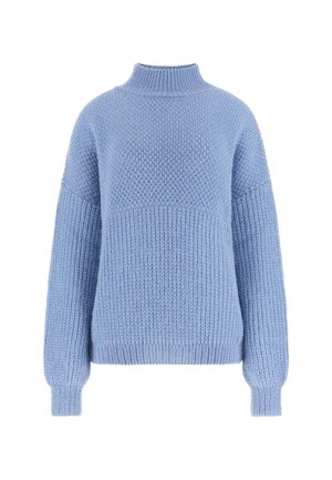 Pulover tricotat de culoare bleu deschis, cu guler înalt, mansete cu model în evidență și un model texturat pe corp. Material moale, cu o croială lejeră.