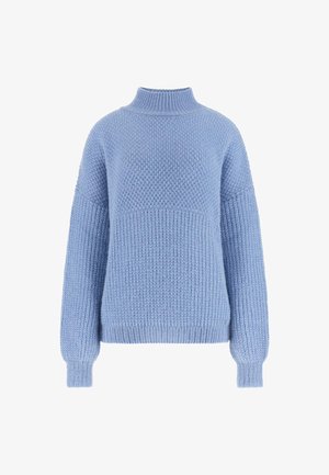 Pull en tricot bleu clair avec un col montant, des poignets côtelés et un motif texturé sur le corps. Matière douce avec une coupe décontractée.