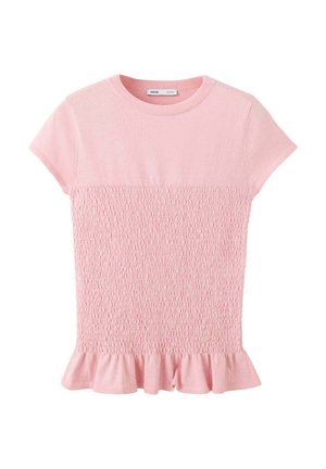 Top de manga corta color rosa claro con sección media fruncida texturizada y dobladillo con volantes en la parte inferior.