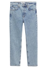 Light blue denim jeans with a straight leg cut, five-pocket design, contrasting stitching, and a button closure at the waist.