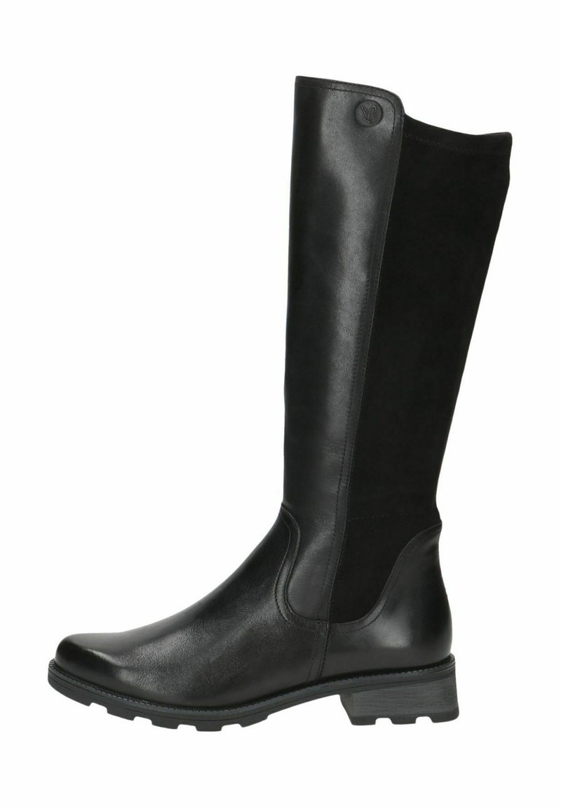 Bottes noires montantes en cuir lisse à l'avant et en daim à l'arrière. Dotées d'un petit talon large et d'un design minimaliste, elles conviennent à diverses tenues.