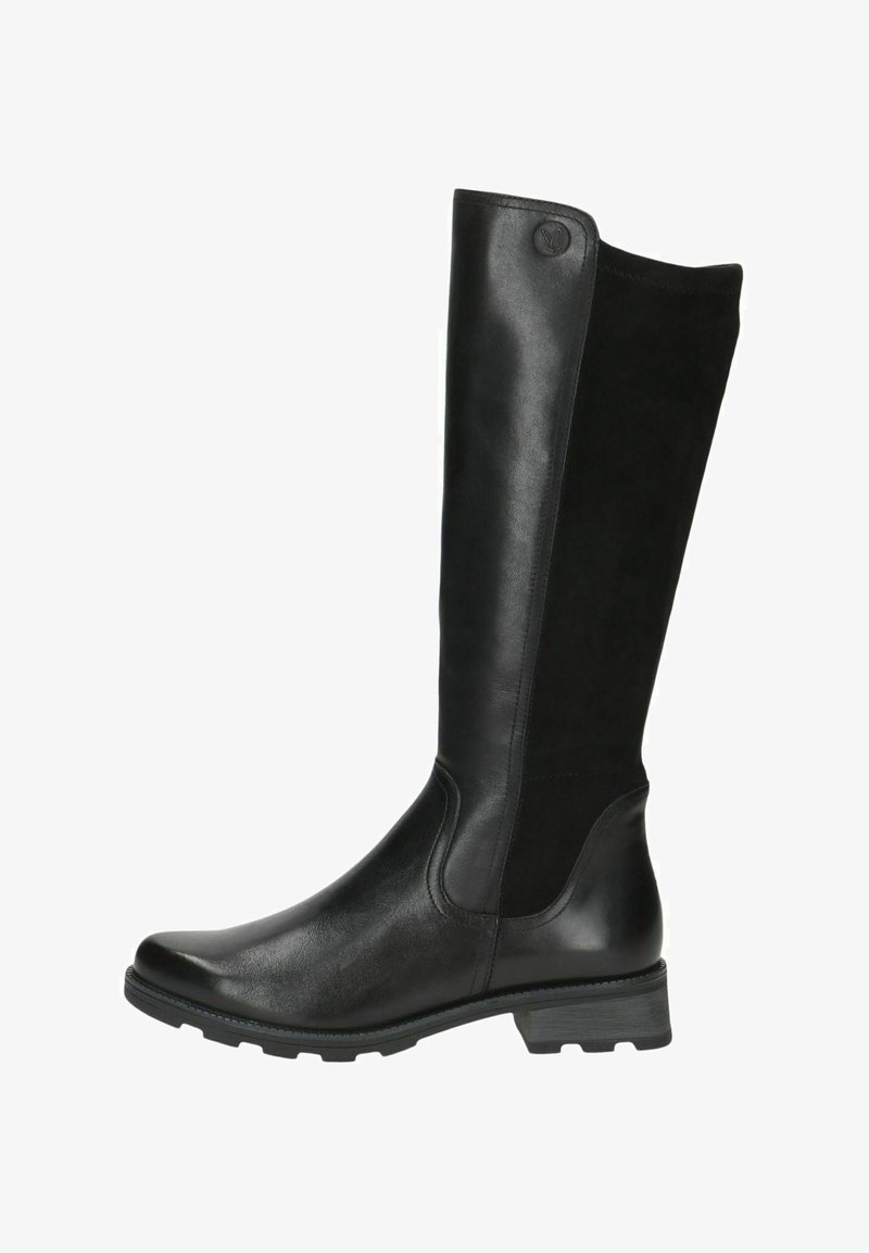 Botas negras hasta la rodilla con un frente de cuero liso y parte trasera de ante. Presentan un tacón bajo y un diseño minimalista, adecuado para diversos conjuntos.