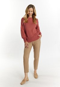 Pulover tricotat de culoare ruginie cu mâneci texturate, asociat cu pantaloni slim-fit bej și mocasini bej. Design minimalist, textură netedă.