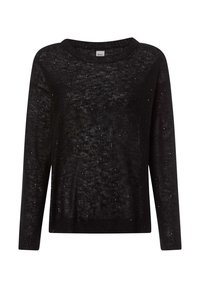 Schwarz, langärmliger Pullover aus einem durchsichtigen, strukturierten Strick, verziert mit kleinen, verstreuten glänzenden Akzenten. Runder Halsausschnitt und gerippter Saum.