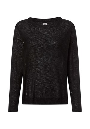 Schwarz, langärmliger Pullover aus einem durchsichtigen, strukturierten Strick, verziert mit kleinen, verstreuten glänzenden Akzenten. Runder Halsausschnitt und gerippter Saum.