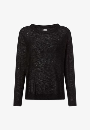Pull noir à manches longues en tricot transparent et texturé, orné de petits accents brillants éparpillés. Encolure ronde et ourlet côtelé.