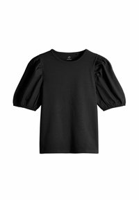 Schwarzes Kurzarmoberteil mit rundem Halsausschnitt und puffartigen Ärmeln. Hergestellt aus weichem Stoff mit glatter Textur und minimalistischem Design.