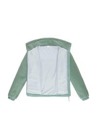 Giacca in pile morbido di un verde tenue con zip frontale completa, polsini elastici e morbida fodera interna grigia chiara.