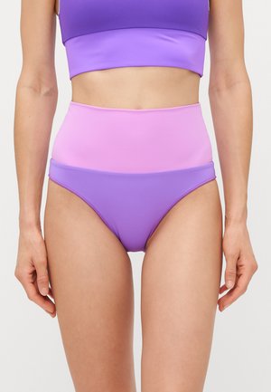 Bikini set featuring a purple and pink color-block design. High-waisted bottom with smooth, stretchy fabric and finished edges.