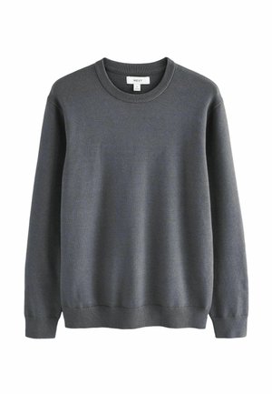 Šedá mikina vyrobená z měkké tkaniny, s kruhovým výstřihem, dlouhými rukávy a žebrovanými manžetami a lemem pro těsnější vzhled.