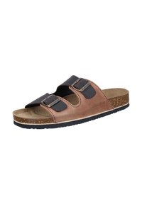 Sandali in pelle marrone con cinturini neri regolabili, soletta in sughero, forma sagomata e suola texturizzata per una migliore aderenza. Presentano fibbie in metallo.