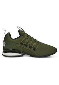 Olijfgroene sport Sneakers met een mesh bovenkant, platte veters, gewatteerde kraag en zwarte accenten. Voorzien van een witte luchtkussen-detail op de zool.