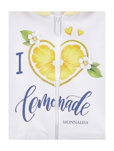 Valge rõivas ees oleva tõmblukuga, millel kollased sidruniviilud moodustavad südame, valged lilled, rohelised lehed ja tekst "Ma armastan limonaadi".