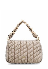 Beige gewatteerde handtas met gedraaid leer en een gouden kettinghandvat, met een klein gouden "Picard" logo op het midden van de voorkant.