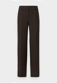 Donkerbruine gepinverseerde rechte broek met riemlussen en een voorste plooi op elke pijp.