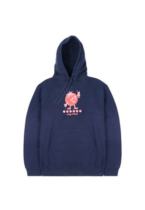 Sudadera navy de material polar con un bolsillo frontal. Presenta un gráfico de fruta de dibujos animados en rosa y el texto "Jugoso y Fresco" debajo.