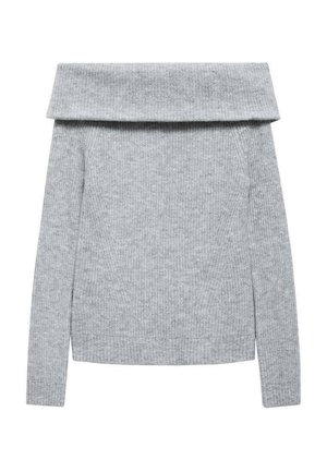 Jasnoszary prążkowany sweter dzianinowy z długimi rękawami i szerokim, złożonym golfem.