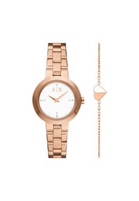 Roséguldfärgad klocka med en minimalistisk vit urtavla, metallarmband och ett armband med hjärtformade berlocker bredvid.