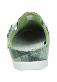 Green felt slipper with light gray accents, back view. Soft texture, contoured shape, strap with metallic buckle, and white sole.