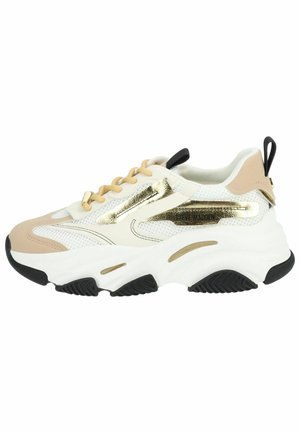 Zapatillas chunky con parte superior de malla en blanco, acentos en beige y detalles en dorado. La suela de goma cuenta con un diseño texturizado en negro para mayor agarre.