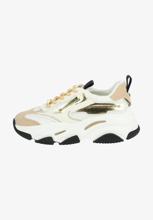 Chunky sneakers met een bovenwerk van mesh in wit, beige accenten en gouden details. De rubberen zool heeft een gestructureerd zwart profiel voor grip.