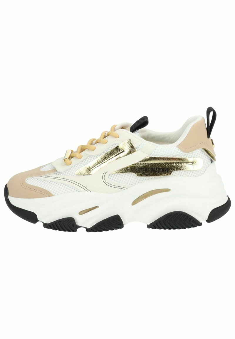 Sneaker chunky con tomaia in rete bianca, dettagli beige e finiture dorate. La suola in gomma presenta un battistrada nero textured per una miglior aderenza.