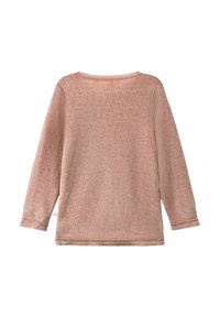 Un haut tricoté rose clair fabriqué à partir d'un tissu texturé, avec un col rond et des manches longues de coupe décontractée. Détails de couture subtils sur l'ensemble.
