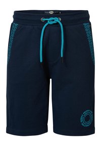 Granatowe szorty bawełniane z teksturowanym wzorem po bokach, elastyczny pasek w talii oraz kontrastowy turkusowy sznurek i detal z logo.
